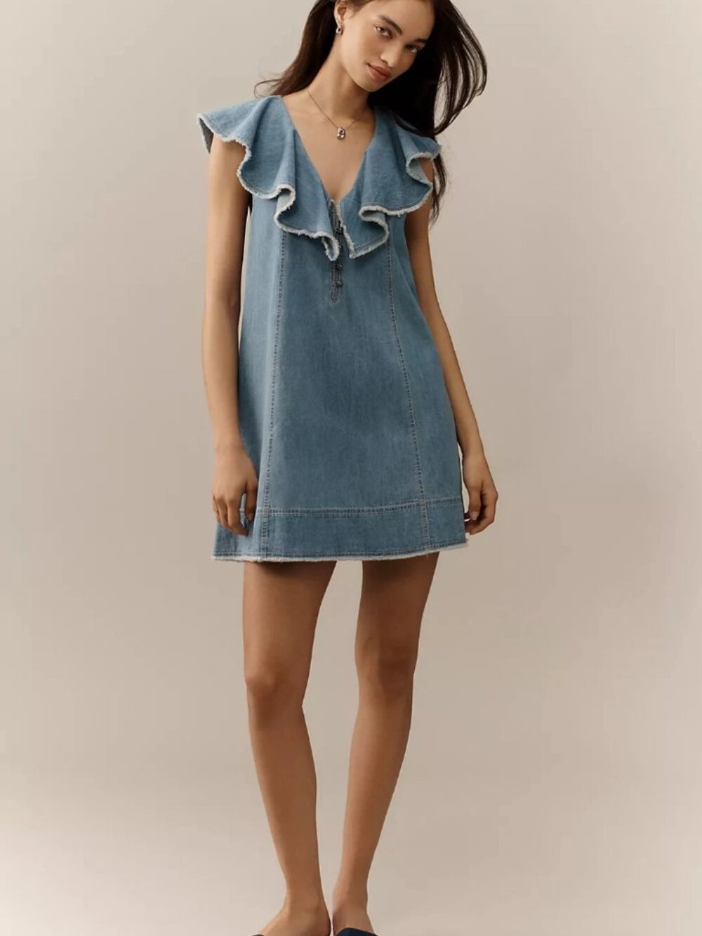 NWT $148 Anthropologie Pilcro V-Neck Ruffle Denim Dress Blue XS